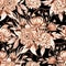 Seamless pattern monochrome from chrysanthemum with leaves on dark background. Hand drawn watercolor illustration brown