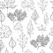 Seamless pattern with monochrome  leaves of trees and flowers. Hand drawn ink sketch isolated on white background
