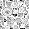 Seamless pattern with monster flower eye and hipster rabbit in glasses.