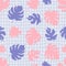 Seamless pattern with monstera leaves on grid distorted background. Hippie aesthetic print for fabric, paper, T-shirt.