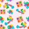 Seamless pattern of montessori toys for children. Sorter for different shapes. Elephant puzzle. Butterfly beanbag