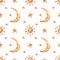 Seamless pattern with moon, sun and stars. Watercolor kids background with cute cartoon illustration for children textile,