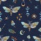 Seamless pattern with moth butterfly and magic elements on blue