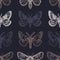 Seamless pattern with moths in retro style. Insects on a dark background. Dotwork. Hand drawn.