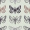 Seamless pattern with moths in retro style. Insects on a light background. Dotwork. Hand drawn.