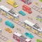 Seamless pattern with motor vehicles of various types on road - car, scooter, bus, tram, trolleybus, van. Backdrop with