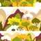 Seamless pattern with mountain hilly landscape with plants and trees.