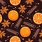 Seamless pattern with mulled wine ingredients on dark background. Orange whole and slice, cinnamon stick, star anise, cloves.