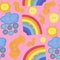 Seamless pattern with multi-colored sewing buttons on a pink background. Various elements: rainbow, sun, cloud, lightning. Hand-
