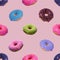 Seamless pattern: Multicolor 3D donut on a pink background is a realistic sweet dessert with a top. 3D rendering