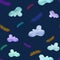 Seamless pattern with multicolored clouds and feathers on dark blue background. Travel, kids, movement, stationery, passport print