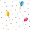 Seamless pattern with multicolored polka dot confetti and balloons on a white background for wrapping paper, textile or wallpaper