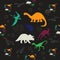 Seamless pattern of multicolored silhouettes of dinosaurs and other shapes