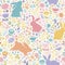 Seamless pattern of multicolored silhouettes of rabbits and wild