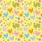 Seamless pattern with multicolored silhouettes of roosters, hens and chickens, with flowers and paisley on a yellow background.