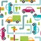 Seamless pattern of multicolored toy cars with trees, arrows, pointers
