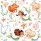 Seamless pattern with multiracial cartoon girls mermaids, sea elements, sea stars, fishes, flowers etc Mermeids Pattern