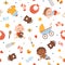 Seamless pattern with multiracial sleeping, sitting, playing babies, toys, and baby accessories. Vector illustration
