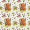 Seamless Pattern. Mushroom house with flowers, grass, leaves, fence, butterfly.