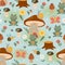 Seamless pattern with mushroom house, insect, frog