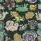 Seamless pattern with mushrooms, fungi, lichen and moss. Vintage decorative floral elements set.