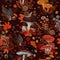 Seamless pattern with mushrooms, plants, berries