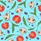 Seamless pattern with mushrooms, tomato, olives and arugula. Vegan background