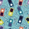 Seamless pattern with music players of different colors and tangled headphones