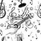 Seamless pattern of musical elements, hand-drawn doodle. Ukulele. Microphone. Little guitar. Hawaii. Flying notes. Music