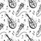 A seamless pattern of musical symbols, guitar, ukulele, notes, microphone. Karaoke. Melody. Hippie music creation. Hand