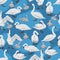 Seamless pattern with Mute swans. White swans Cygnus olor and their chicks in different positions.