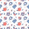 Seamless pattern in naive lino style, teapots