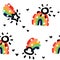 Seamless pattern in naive style with cute abstract rainbow, rain cloud and shooting star with tail. Creative vector design