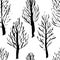 Seamless pattern with naked trees. Hand drawn grunge ink background. Vector illustration.