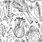 Seamless pattern with nature mediterranean vegetables. Fresh organic food. Vegetables vintage Hand-drawn sketch. Black