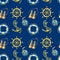Seamless pattern with nautical elements, on dark blue background. Old sea binocular, lifebuoy, antique sailboat steering