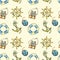 Seamless pattern with nautical elements, isolated on pastel yellow background. Old binocular, lifebuoy, antique sailboat steering