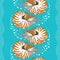 Seamless pattern with Nautilus Pompilius or chambered nautilus on the turquoise background with bubbles and stripes.