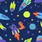 Seamless pattern of neon bright dinosaurs traveling into space on a rocket