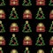Seamless pattern with neon Christmas trees and giftboxes on black background. Winter holidays, X-mas, Boxing day, New Year concept