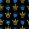 Seamless pattern with neon crowns and diamonds on black background. Princess, fashion, girly concept for wallpaper