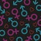 Seamless pattern. Neon gender symbols. Male and female. Hearts. Blue and red colors. Black background