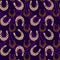 Seamless pattern with neon gold horseshoes on dark purple background. Horses, good luck, cowboy, western concept. Vector