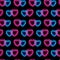 Seamless pattern with neon icons of blue and pink interwined hearts on black background. St. Valentine's Day, wedding