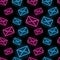 Seamless pattern with neon icons of blue and pink mail envelope on black background. Email, message, letter concept