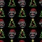 Seamless pattern with neon icons of Santa faces and Christmas trees on black background. Winter holidays, X-mas, New Year concept