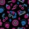 Seamless pattern with neon icons of unicorn face, strawberry, diamond, cherry, donut, lollypop on black background.