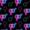 Seamless pattern with neon man and woman signs on black background. Gender symbols: mars and venus. Vector illustration