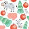 Seamless pattern for the new year painted by watercolor isolated on a white background. Bull, ball, tree and mittens