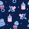 Seamless pattern with newborn baby care products. Items are on space background.Vector conceptual illustration.